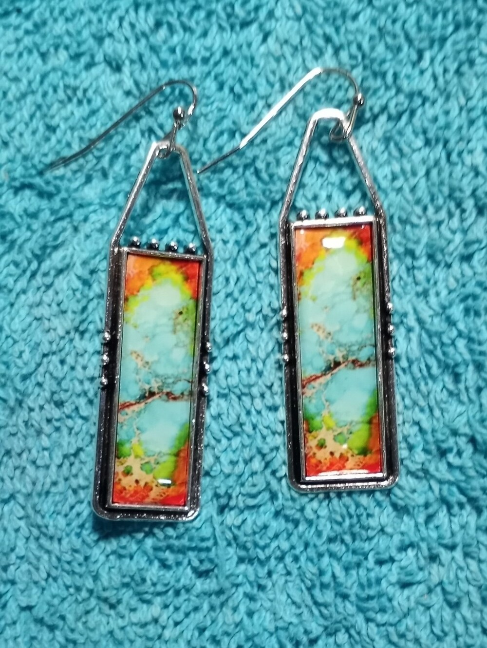 Silver Blue Turquoise and Orange Look Rectangular Drop Earrings